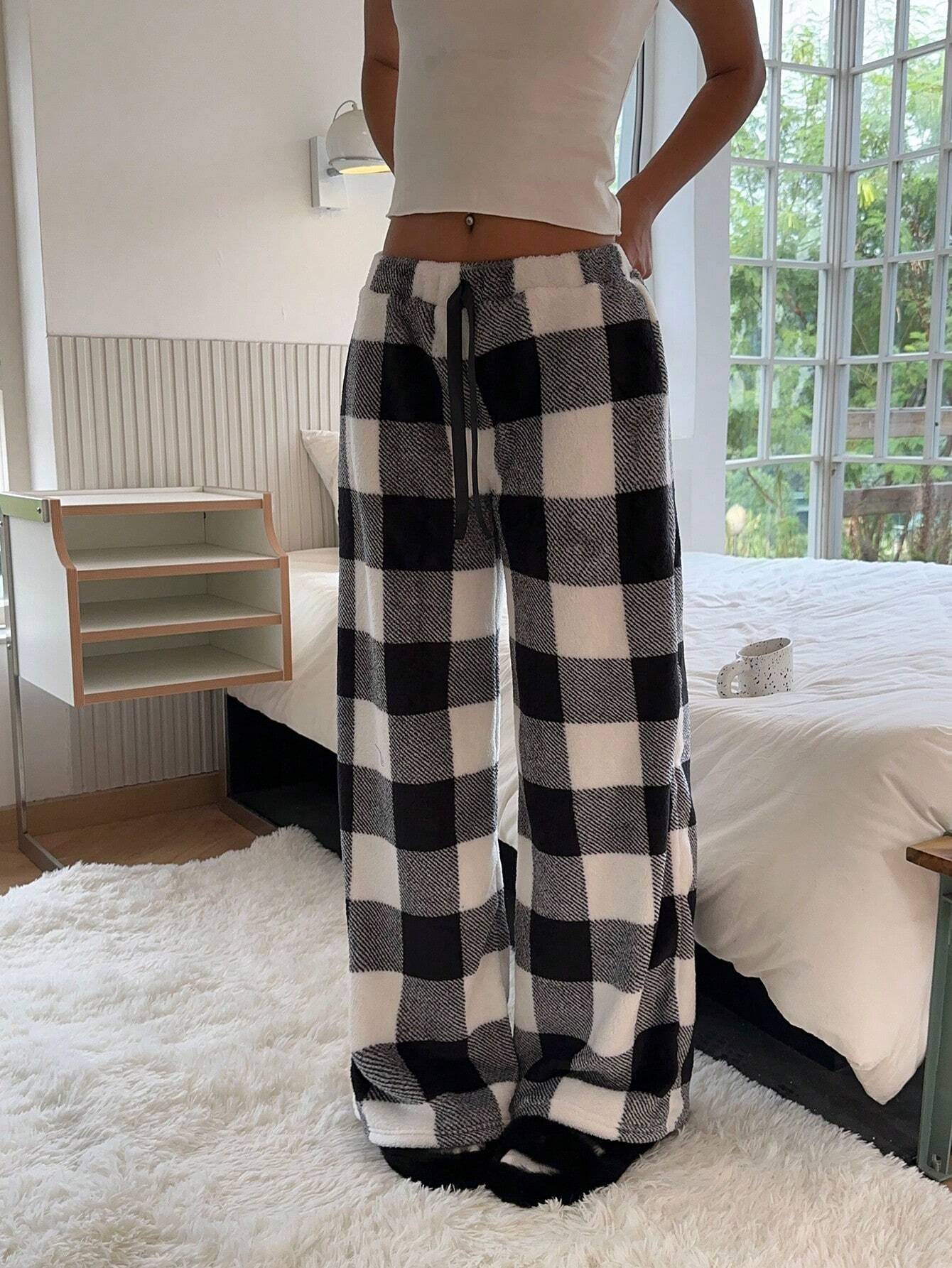 Ezwear Women'S Tie-Waist Fluffy Plaid Print Casual Wide Leg Baggy Pants