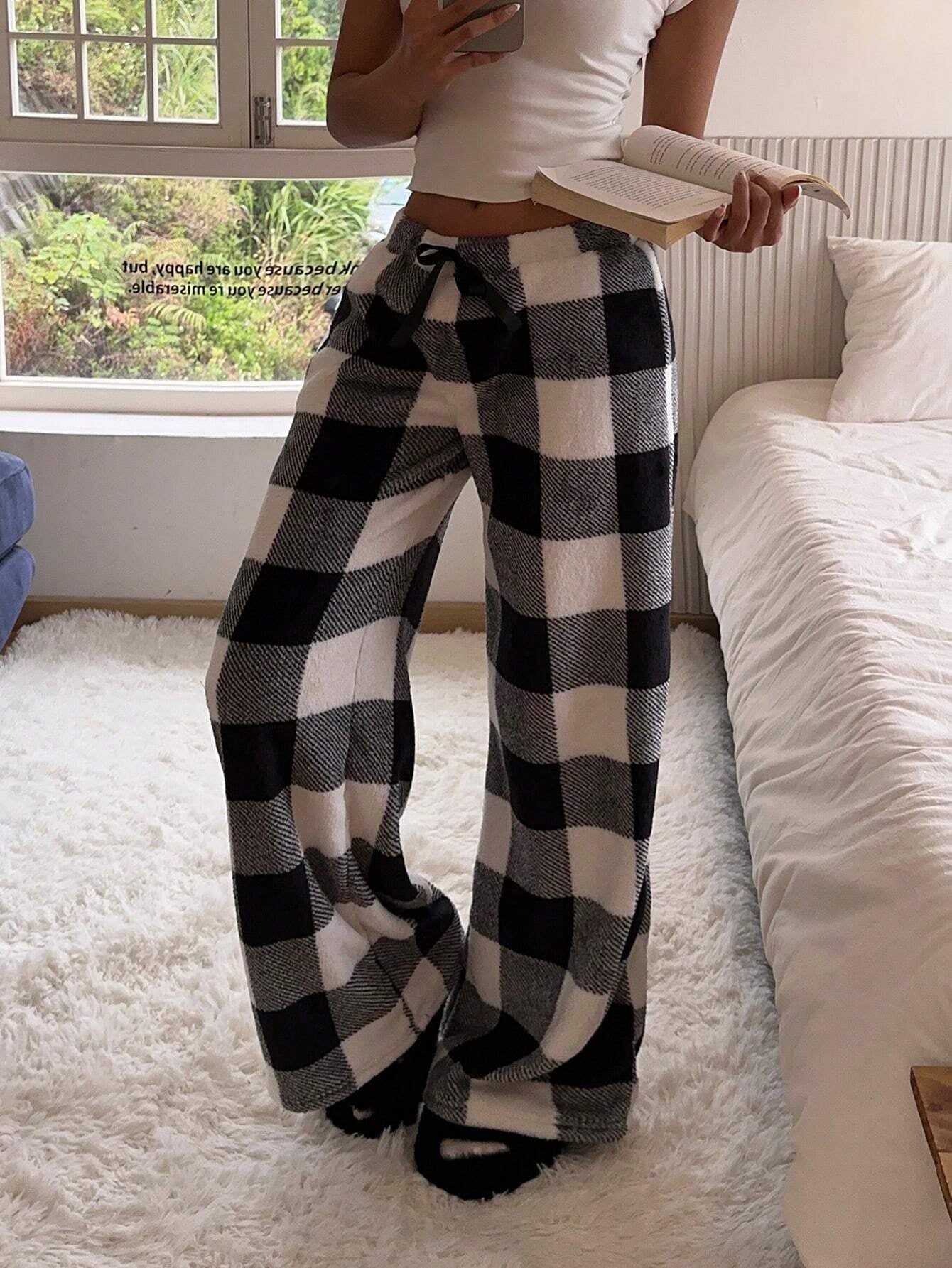 Ezwear Women'S Tie-Waist Fluffy Plaid Print Casual Wide Leg Baggy Pants