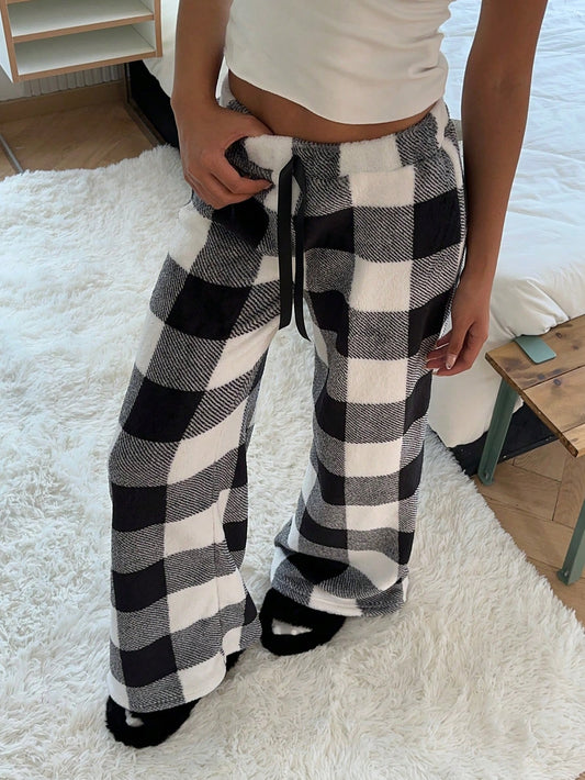 Ezwear Women'S Tie-Waist Fluffy Plaid Print Casual Wide Leg Baggy Pants