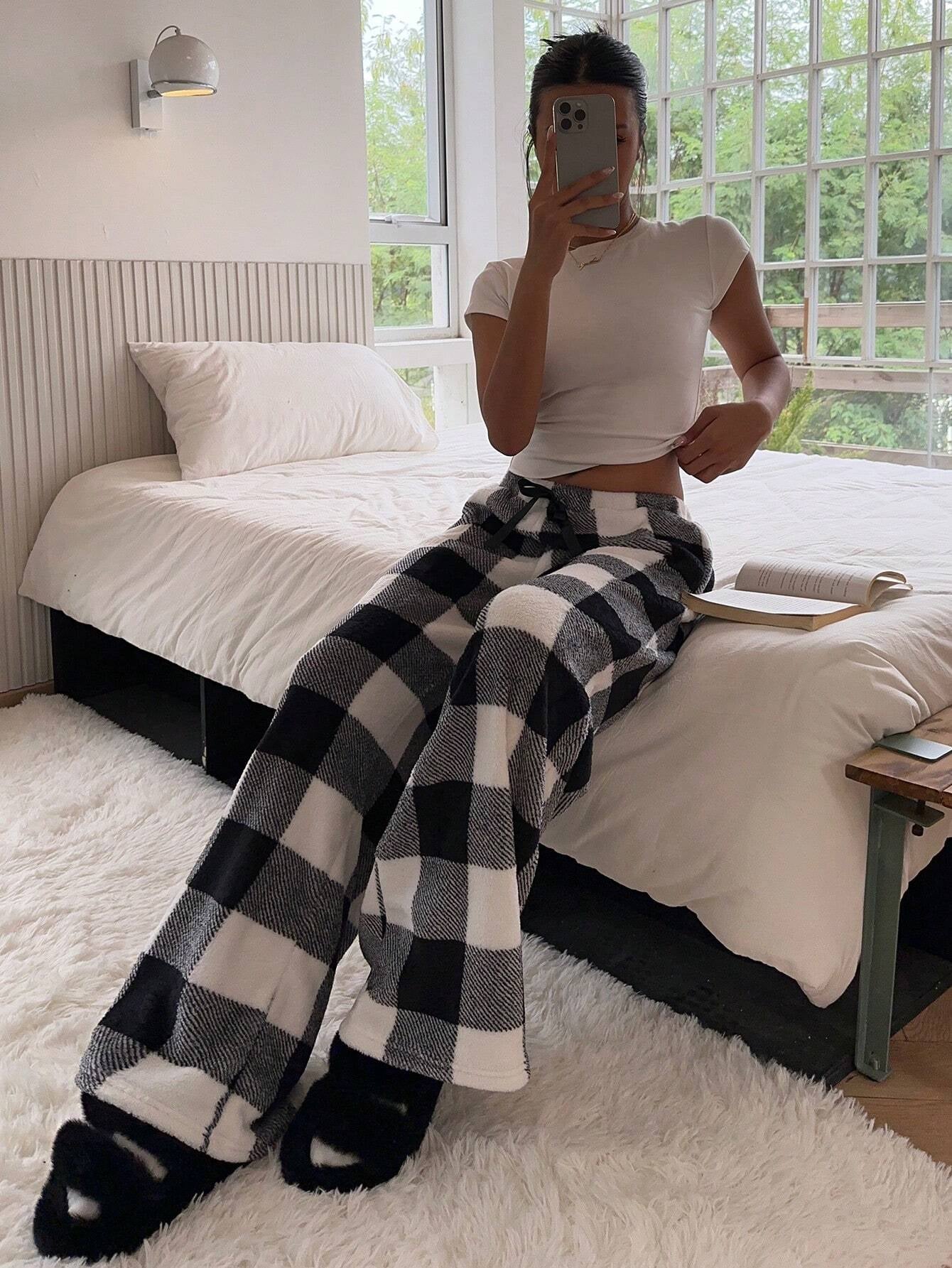 Ezwear Women'S Tie-Waist Fluffy Plaid Print Casual Wide Leg Baggy Pants