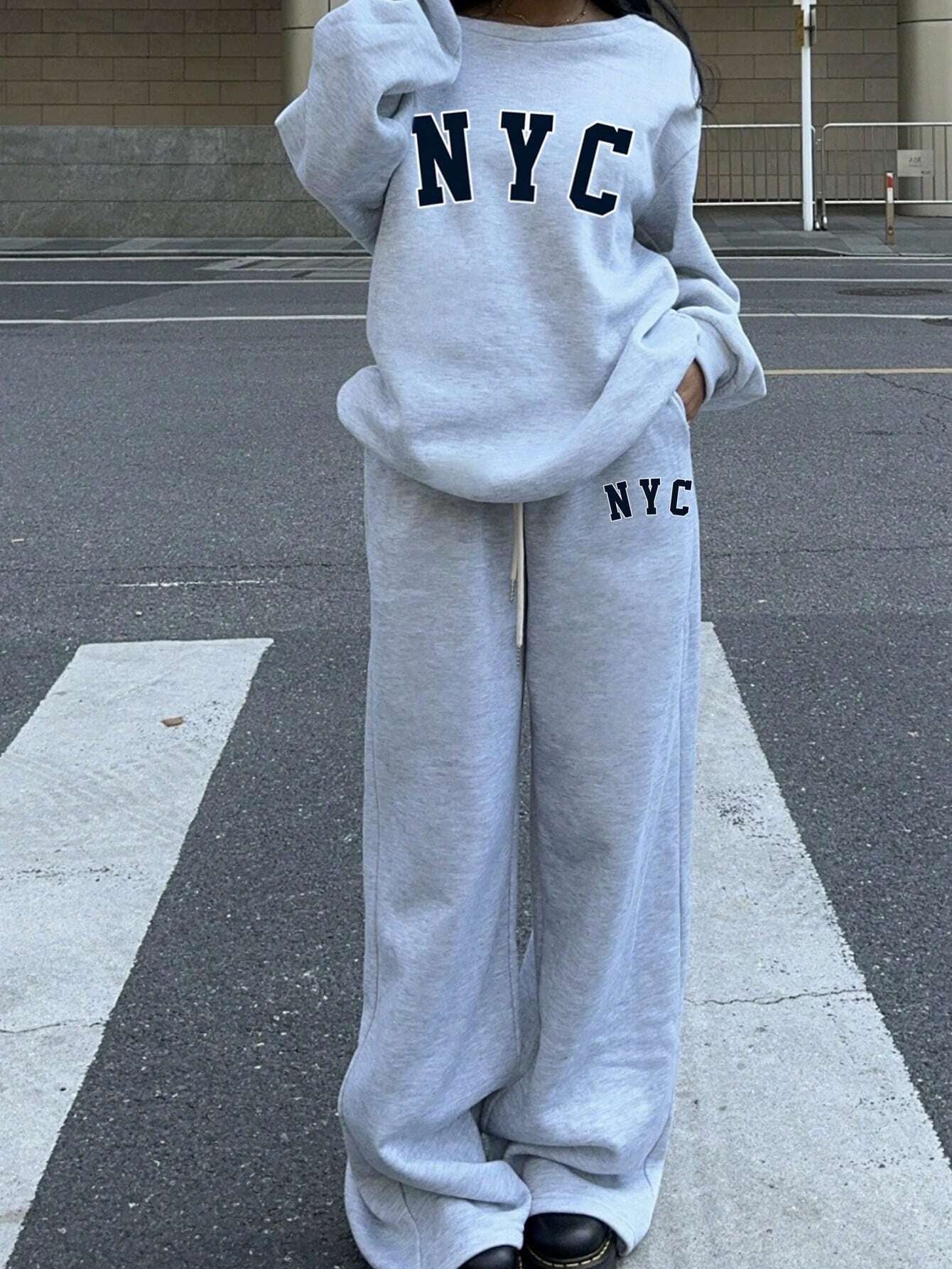 Muchica 2Pcs Women NYC Off-Shoulder Loose Sweatshirt and Flared Long Sweatpants Set, Thick Thermal Lined, Suitable for Autumn/Winter
