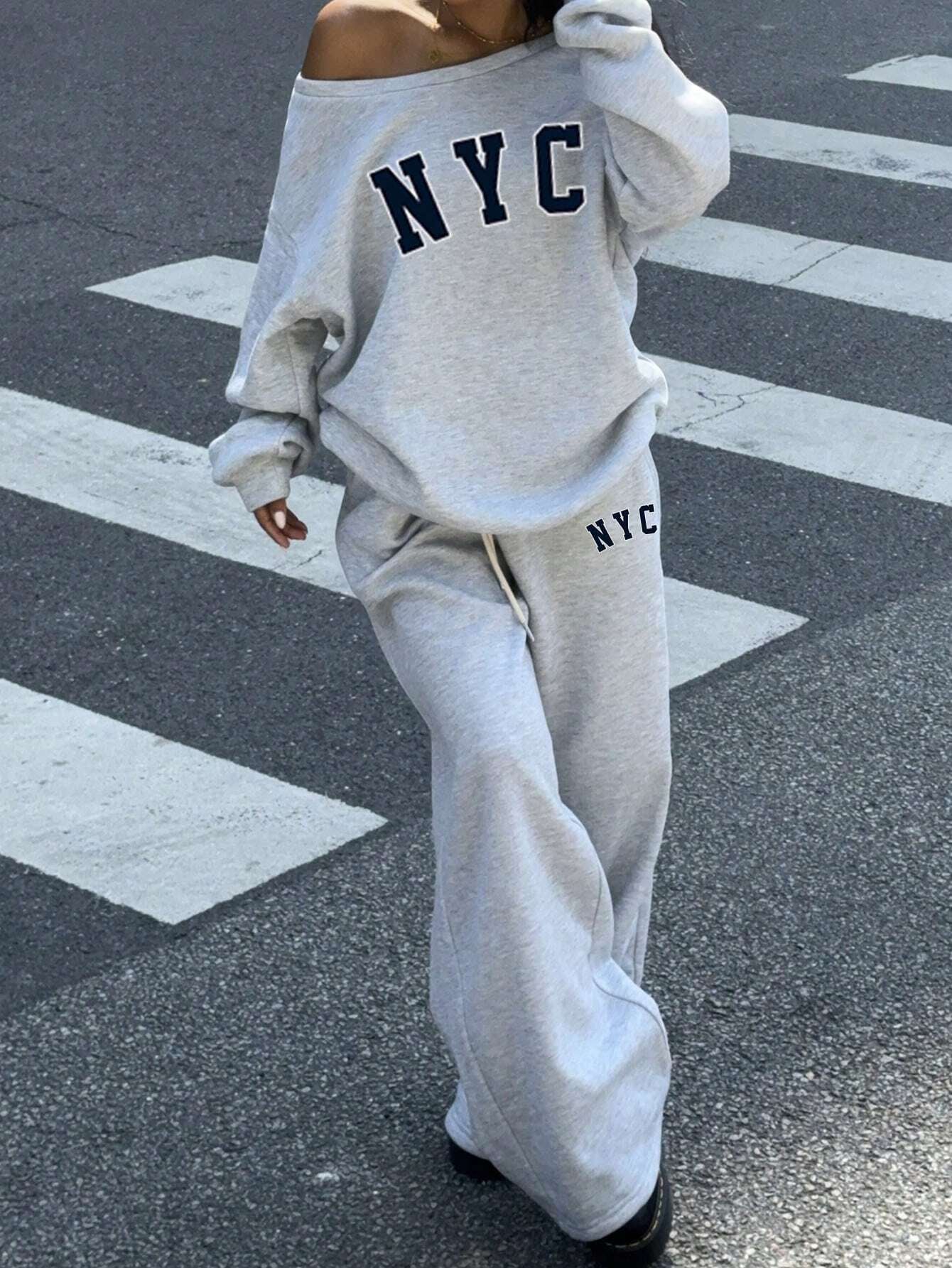 Muchica 2Pcs Women NYC Off-Shoulder Loose Sweatshirt and Flared Long Sweatpants Set, Thick Thermal Lined, Suitable for Autumn/Winter