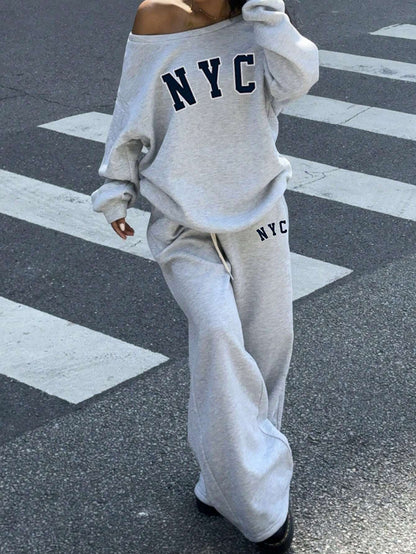 Muchica 2Pcs Women NYC Off-Shoulder Loose Sweatshirt and Flared Long Sweatpants Set, Thick Thermal Lined, Suitable for Autumn/Winter