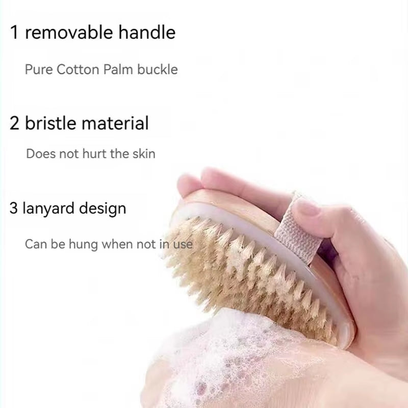 Round Head Hog Bristle Bath Brush Portable Shower Brush Bathroom Scrubbing Cleanse Exfoliate Massaging