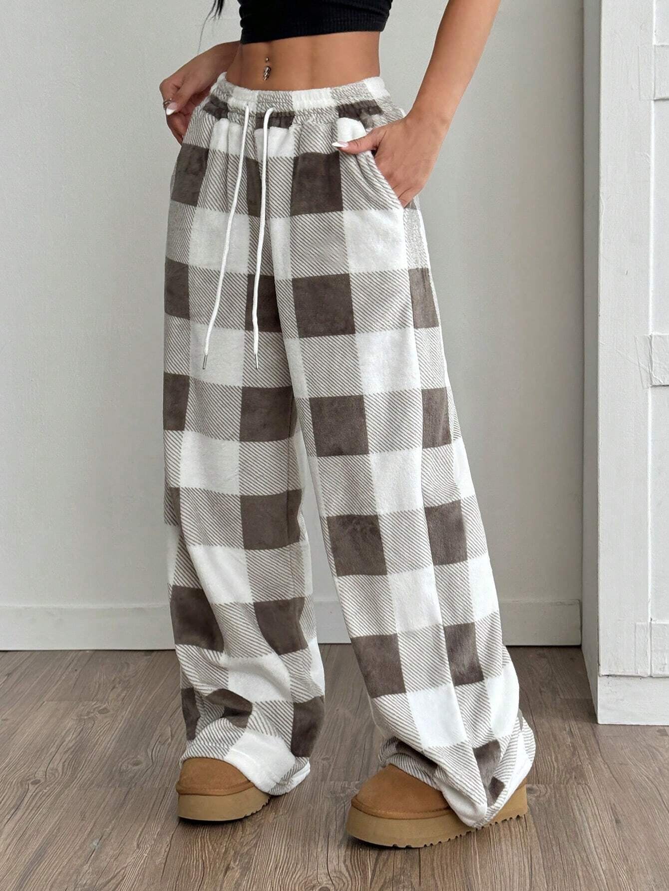 Coolane Women'S Casual Front Tie Plaid Pocket Trousers