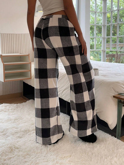 Ezwear Women'S Tie-Waist Fluffy Plaid Print Casual Wide Leg Baggy Pants