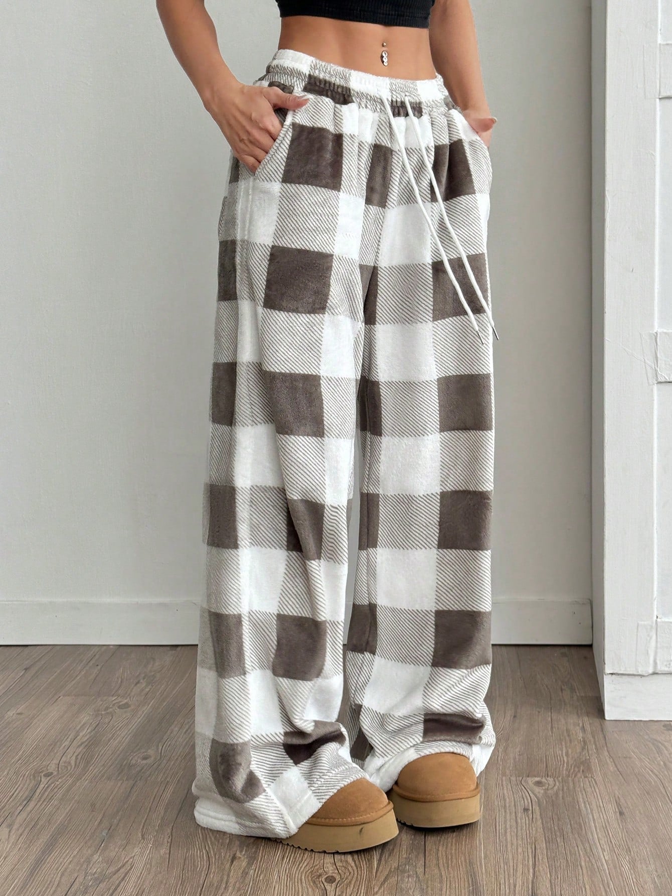 Coolane Women'S Casual Front Tie Plaid Pocket Trousers