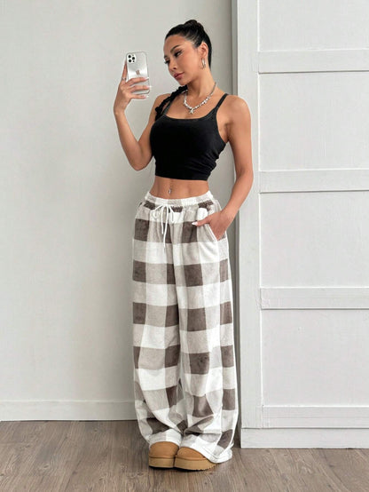 Coolane Women'S Casual Front Tie Plaid Pocket Trousers