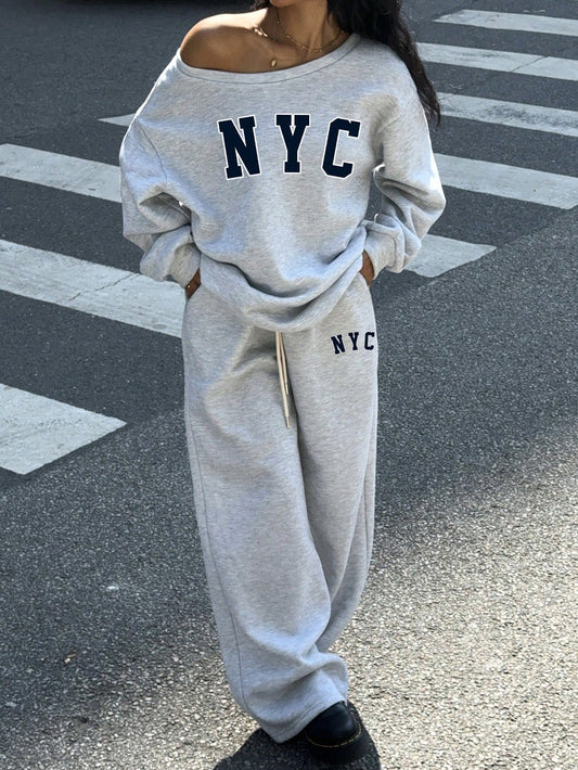 Muchica 2Pcs Women NYC Off-Shoulder Loose Sweatshirt and Flared Long Sweatpants Set, Thick Thermal Lined, Suitable for Autumn/Winter